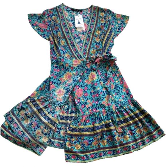 Zesica Blue Pink Floral Short Sleeve V-Neck Wrap Mini Summer Dress Small NEW - Picture 10 of 13